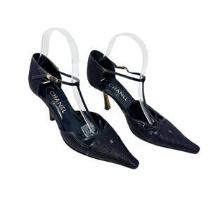 Chanel Black T Strap Heels 38.5 Woven Leather Pointed Toe Gold CC Pumps